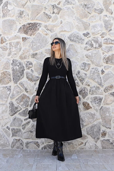 bytugcekaya Rochie neagră cu guler rotund, set de curea piese, cu fustă cloș