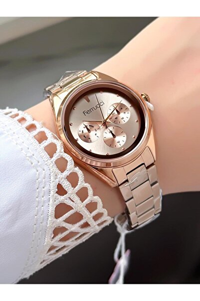 Ferrucci ساعة يد نسائية بقرص حجري دائري وسوار معدني ذهبي وفضي