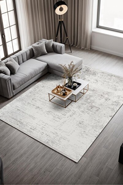 Cotto Home Soıl CT009A Açık Gri Halı Gri Detaylı Modern Ince Akrilik Tozuaz S...