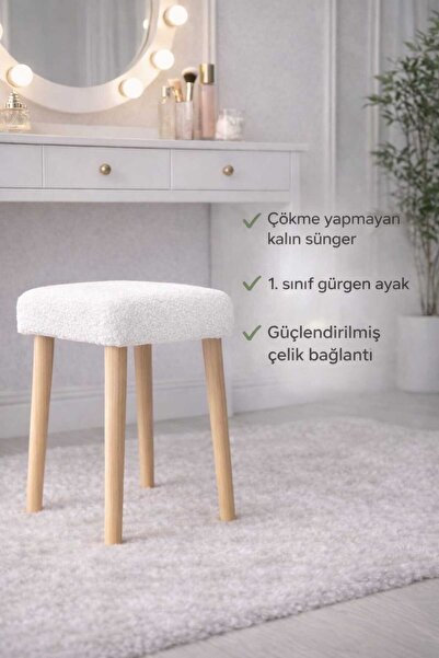 Yuems home Kare Model Tedy Kumaş Beyaz Renk Puf Tabure