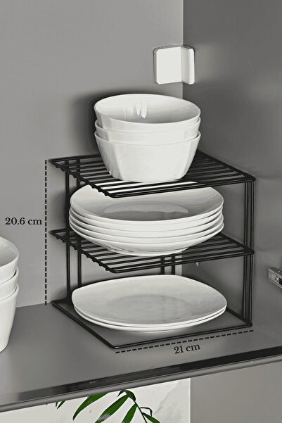 Edora Home Μαύρο ματ ντουλάπι 3 επιπέδων Πιάτο πολλαπλών χρήσεων, ποτήρι, ράφ...