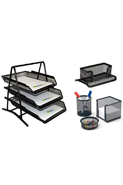 Rubenis Чорна металева полиця для документів та офісний набір, 5 предметів
