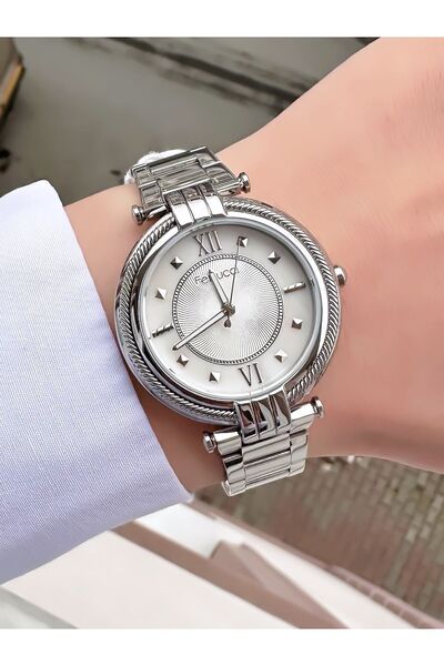 Ferrucci ساعة يد نسائية أنيقة بإطار شبكي فضي، قلب ثواني - قرص رخامي، سوار معدني