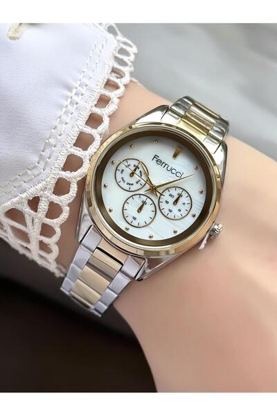 Ferrucci Women's Round Stone Dial Gold Silver Metal Band Wrist Watch