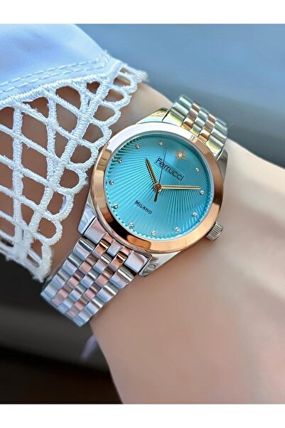 Ferrucci ساعة يد نسائية من ميلانو – مينا مزينة بنجمة زرقاء، حزام معدني