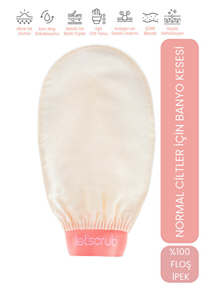 LET'SCRUB 1 Adet Ekru Banyo Duş Kesesi Peeling Eldiveni %100 Floş Ipek Normal...