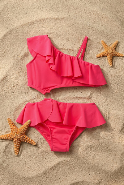 Minipodyum Girl's Bikini Set with Ruffle Detail and Ring Detail, Includes San...