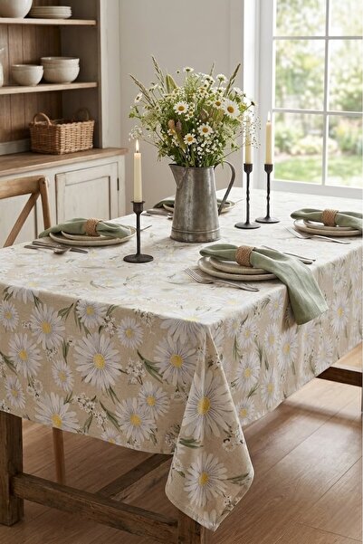 Rona Home Papatya Desenli Masa Örtüsü Krem Keten Görünümlü Leke Tutmaz, Kalit...