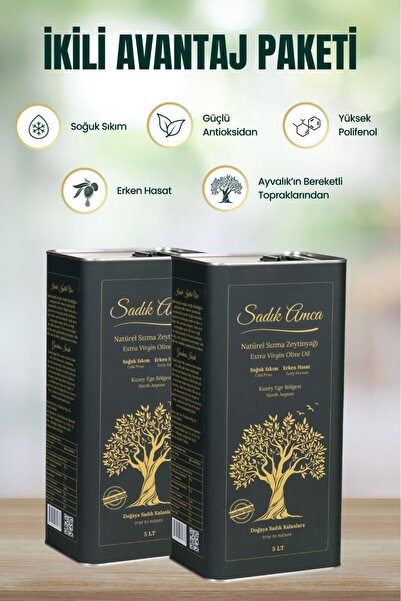 Sadık Amca Erken Hasat Soğuk Sıkım Natürel Sızma Zeytinyağı 5 Lt X2 Özel Tasa...