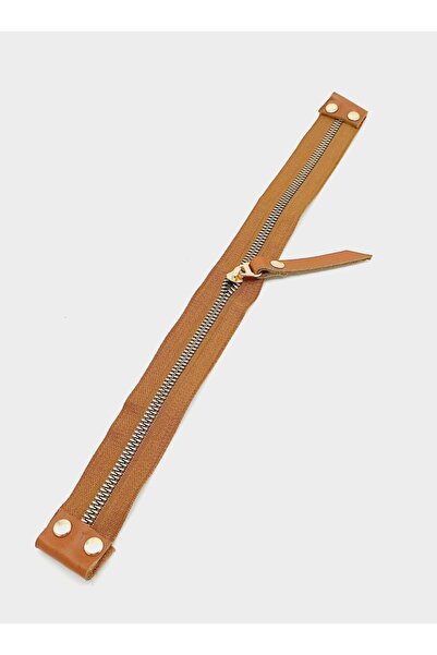 angel çanta aksesuar Stobu Gerçek Derili Taba Fermuar Light Gold Metal