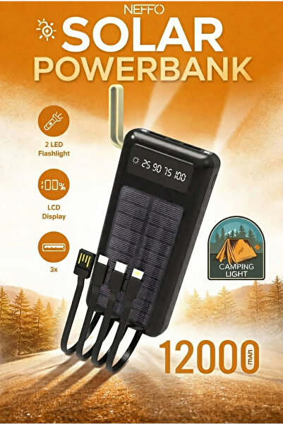 NEFFO Solar Powerbank Güneş Enerjili LED Işıklı 2 USB Çıkışlı Çoklu Kablolu H...