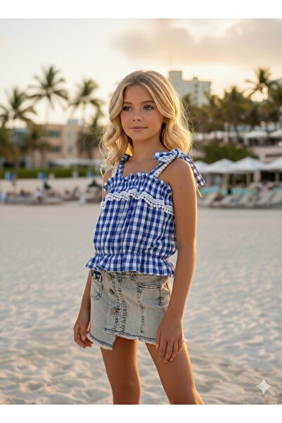 Hilal Akıncı Kids Σετ με καρό μπλούζα με βολάν και τζιν φούστα με κουμπιά για...