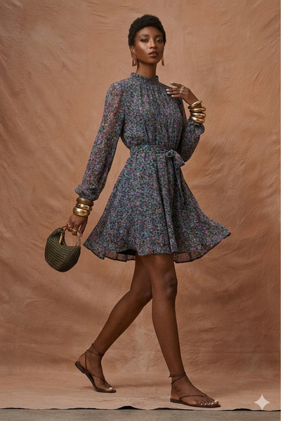 Lijuri Çiçekli Şifon Kloş Mini Elbise 2025