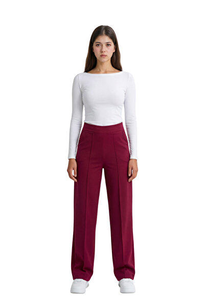 MODASPARK Burgundy High Waist Women's Palazzo Trousers with Pockets