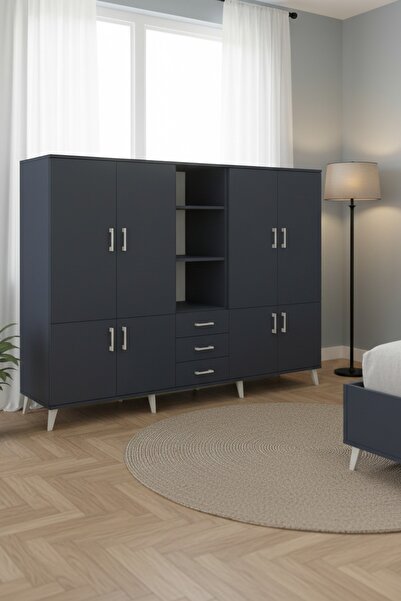 Dienni Hyperion Dolap 11 Raflı 3 Çekmeceli 8 Kapaklı 220x44x163 Antrasit-Antr...