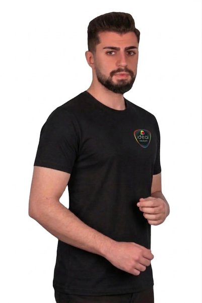 İDEAL REKLAM تي شيرت أسود مطبوع خاص بالشركة بقصة مخصصة وياقة على شكل حرف O
