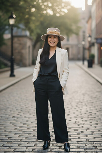 Miss Hat Nude Wool Felt Hat with Velvet Bow and Gold Brooch