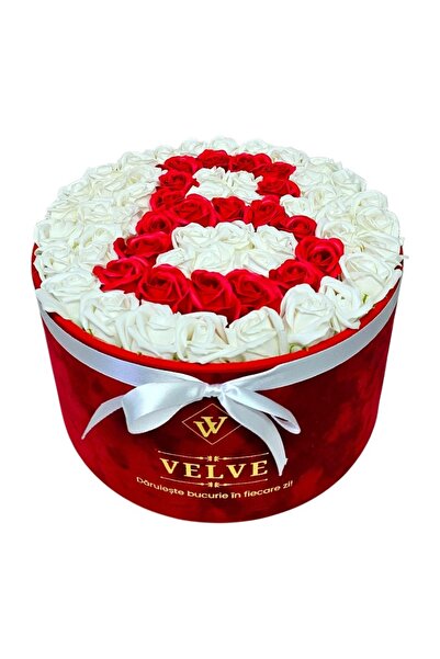 velve Floral arrangement with 55 soap roses in a round red velvet box, letter...