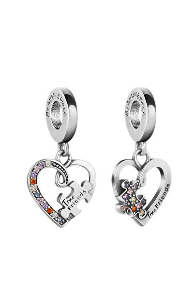 Fubena Puzzle Parçası ve Kalpli Arkadaşlık Sallantılı 925 Ayar Gümüş Charm