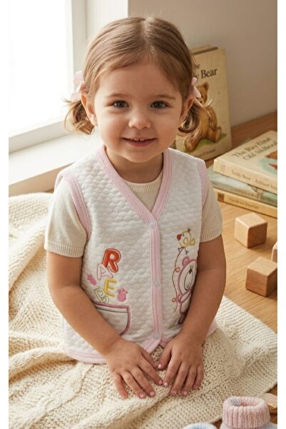 Ercahome tekstil Quilted Teddy Bear Patterned Pink Embroidered Baby Vest