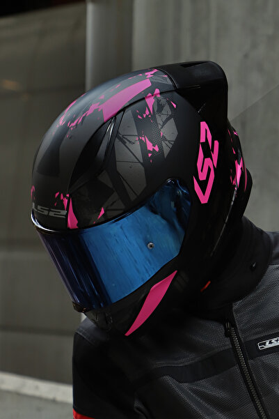LS2 Rapıd 2 Race Palımnesıs Mat Siyah-Pembe Kask (Mavi Vizörlü + Spoiler)