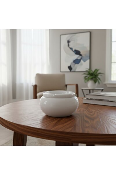 B&D Ceramic Ashtray with Lid, Round Shape, White, 10 cm