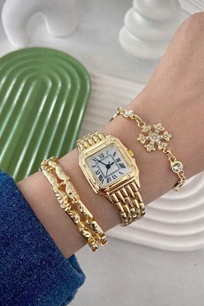 Arzu Butik Kadın Kol Saati Kare Metal Kordon Altın Sarısı Renk & Yanındaki Bi...