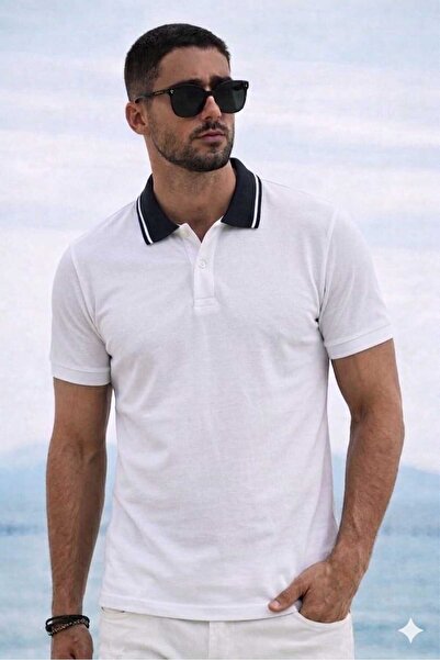 COUPON Men's Polo Neck T-Shirt / White - Navy Blue Collar