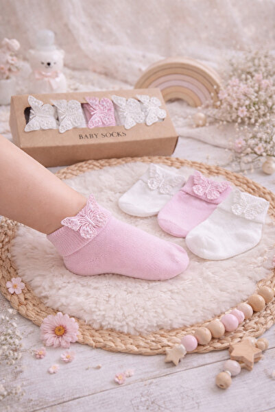 Akface 5 Pairs of 3-Color Butterfly Bow Gift Boxed Newborn and Baby Socks