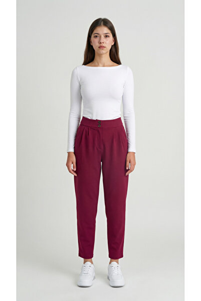 MODASPARK Burgundy High Waist Double Button Pocket Carrot Cut Pleated Women's...