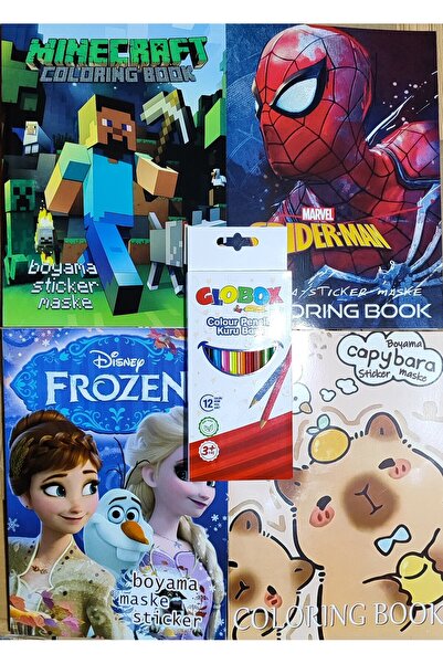 ada çanta kırtasiye 4 adet stickerli boyama kitabı ve globox kuru boya (Froze...