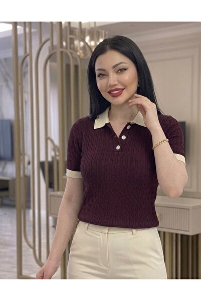 ABBA Polo Collar Soft Textured Hair Knit Patterned Knitwear Top T-Shirt