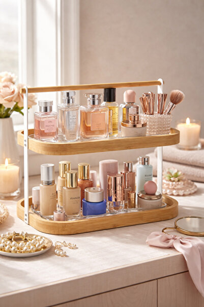 Paşabahçe 2 Katlı Bambu Kozmetik Organizer – Parfüm & Makyaj Düzenleyici Raf,...