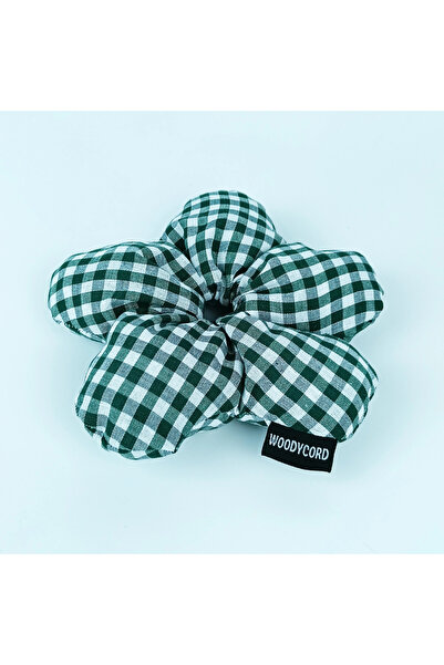 woodycord Χειροποίητο Πράσινο Πεύκο - Λευκό Λουλουδάτο Αφράτο Λαστιχάκι Μαλλιών