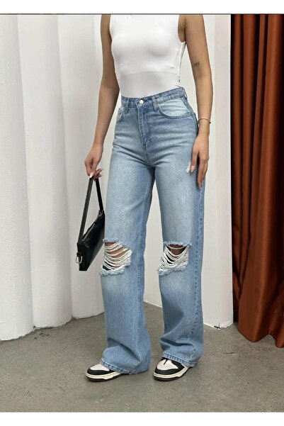 yesmoda Ripped Detailed Washed Effect Baggy Light Blue