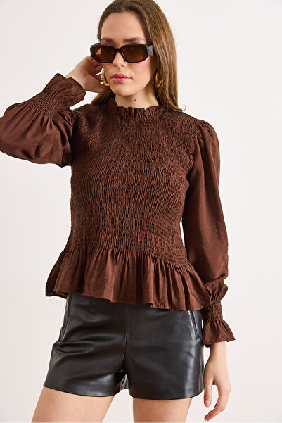 Olalook Women's Brown Collared Button Closure Modal Gipe Detailed Blouse Blz-...