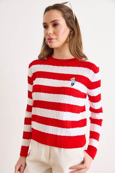 Olalook Women's Red Teddy Bear Embroidered Striped Knitwear Blouse Blz-19003280