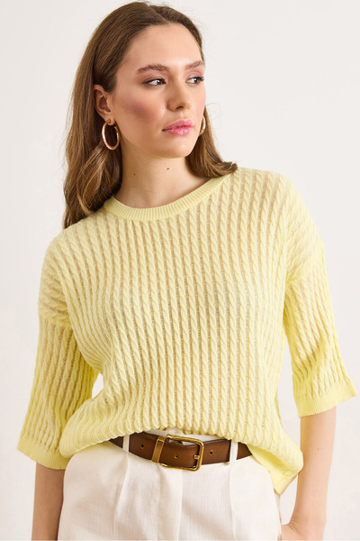 Olalook Women's Yellow Hair Knitted Openwork Loose Fit Seasonal Knitwear Blou...