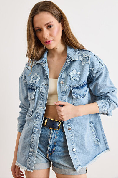 Olalook Women's Light Blue 4-Pocket Star Patch Detailed Washed Denim Jacket C...