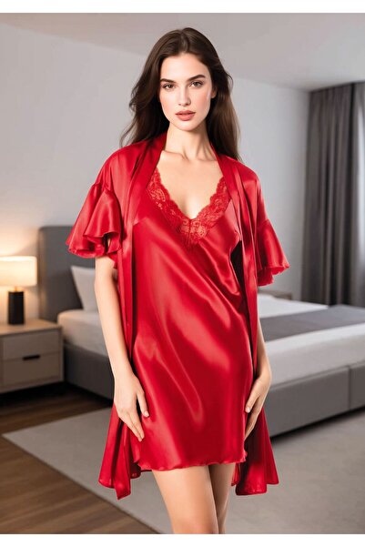 Loule Women's Red Satin Lace Detailed Strappy Nightgown and Short Sleeve Dres...