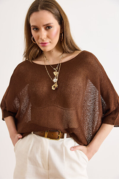 Olalook Women's Brown Boat Neck Bat Mercerized Knitwear Blouse Blz-19003277