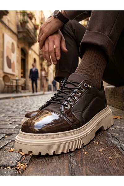 BOA حذاء رجالي كاجوال BA0245 من الجلد البني اللامع مع تفاصيل باراشوت ورباط مط...