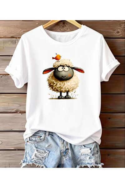LİNA06 Fashionable Women's T-Shirt Elegant and Youthful Top with Cute Sheep a...
