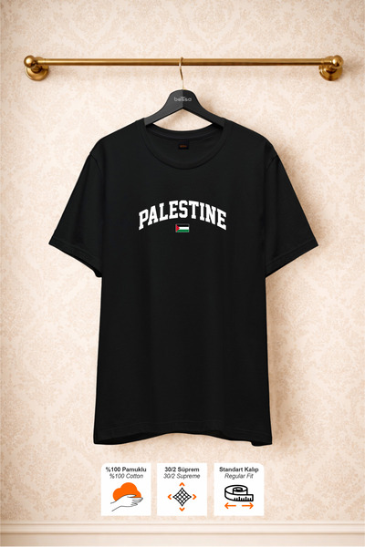 BESSA Μαύρο μπλουζάκι με στάμπα Παλαιστίνης από χοντρό ύφασμα ζέρσεϊ, βαμβακε...