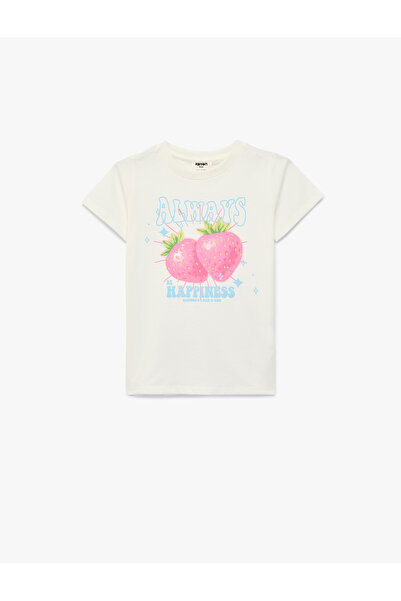 Koton Βαμβακερό κοντομάνικο μπλουζάκι με λαιμόκοψη φράουλα με στάμπα