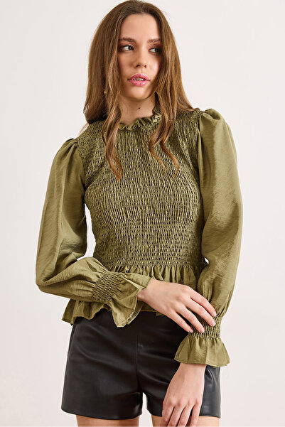 Olalook Women's Khaki Collared Button Closure Modal Gipe Detailed Blouse Blz-...