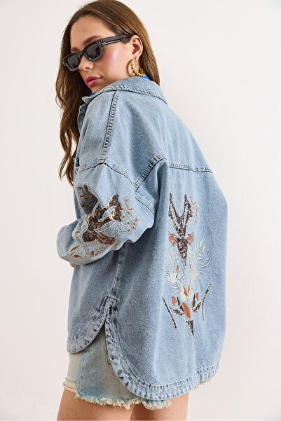 Olalook Women's Light Blue Sequin Embroidery Detailed Washed Denim Jacket Ckt...