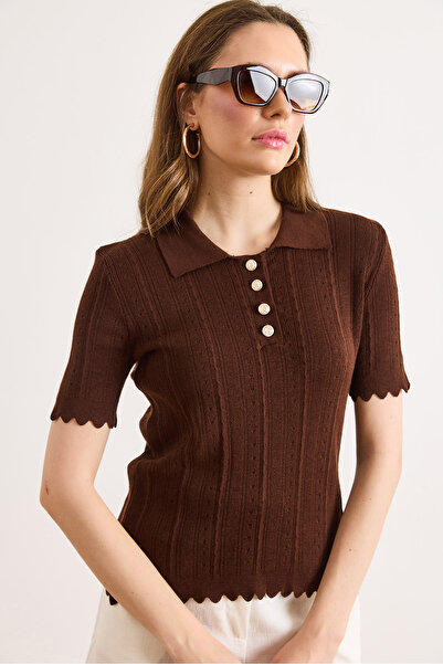 Olalook Bluză de damă maro cu guler polo și mâneci, din tricotaj din bumbac o...