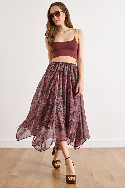 Olalook Fustă de damă cu șal, căptușită, culoare burgundă, asimetrică, în car...