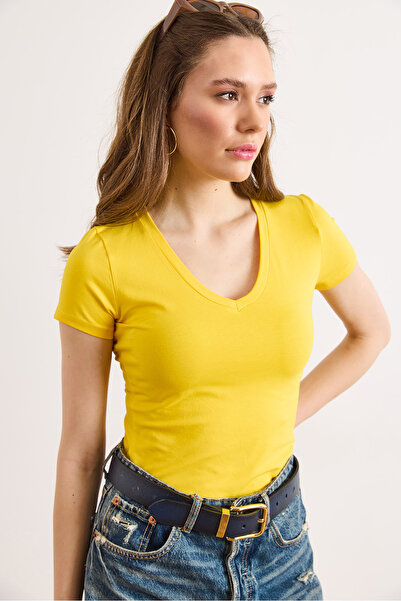Olalook Γυναικείο κίτρινο μπλουζάκι από βαμβάκι Deep V Rock Lycra TSH-19000971